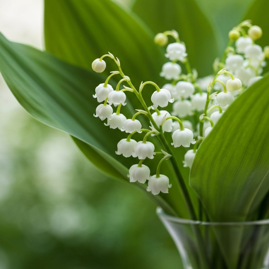 Close-up of delicate white bell-shaped lily of the valley flowers hanging from a green stem, soft bokeh background, elegant and clean