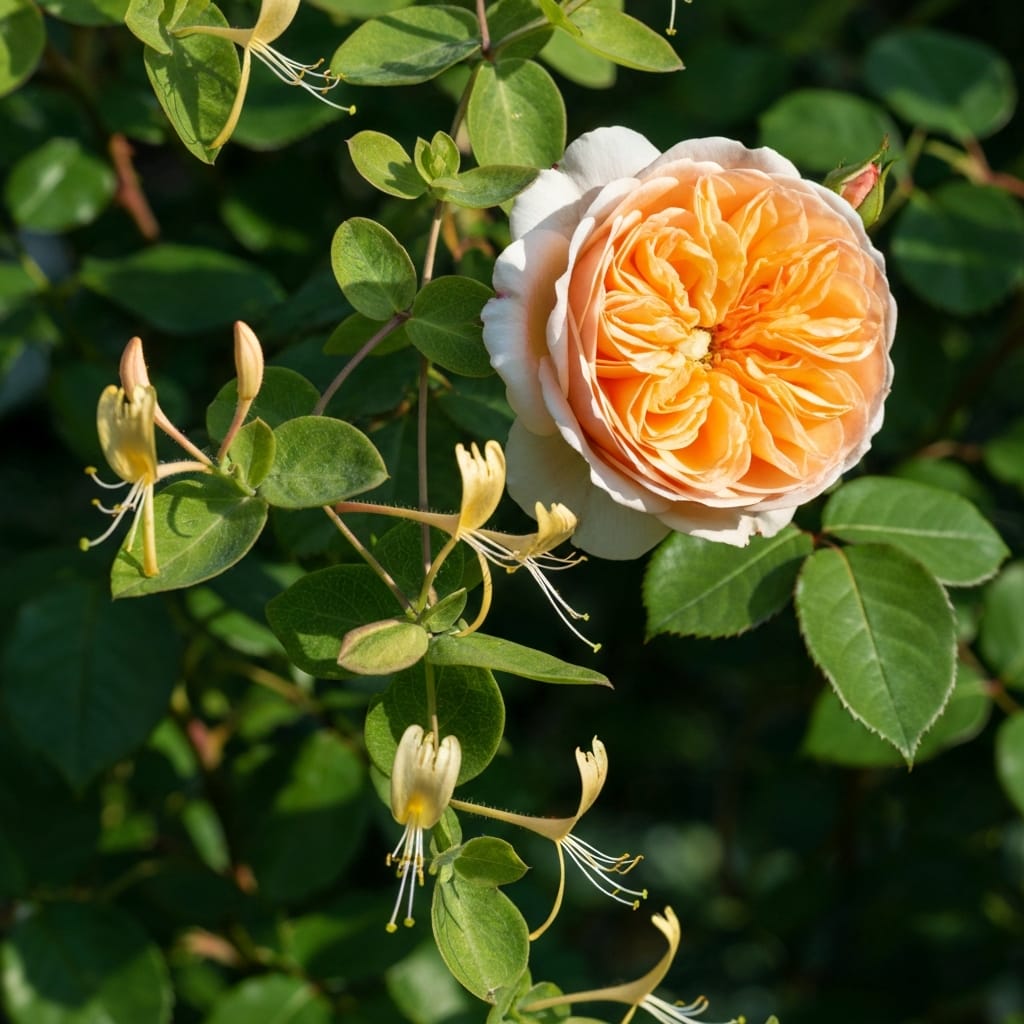 A romantic, full-bloom heirloom garden rose in soft peach, surrounded by trailing honeysuckle vines, vintage aesthetic, soft morning light