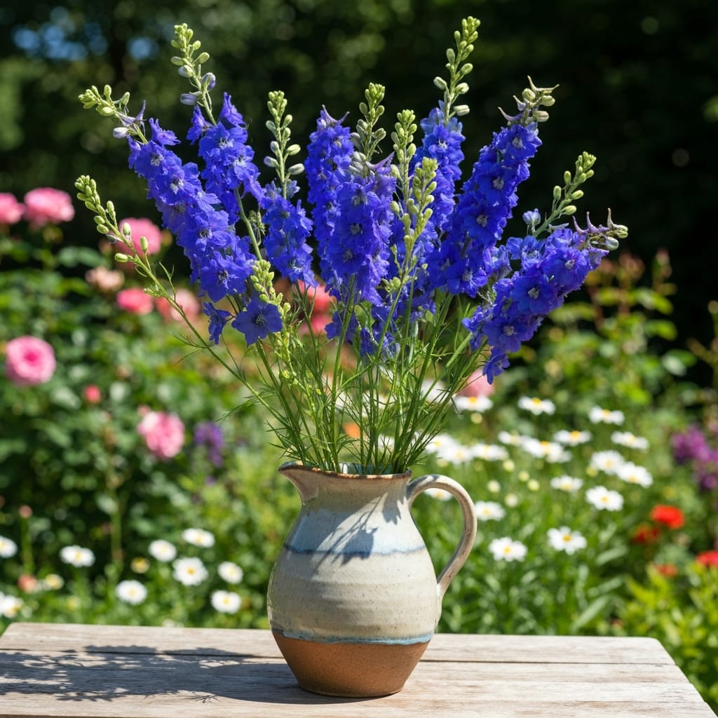 Vibrant blue larkspur stalks standing tall in a rustic ceramic pitcher, bright summer sun, garden setting, high detail
