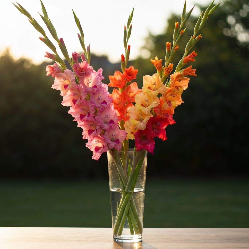 Striking, multi-colored gladiolus spikes in a tall glass vase, dramatic afternoon lighting, bold and energetic