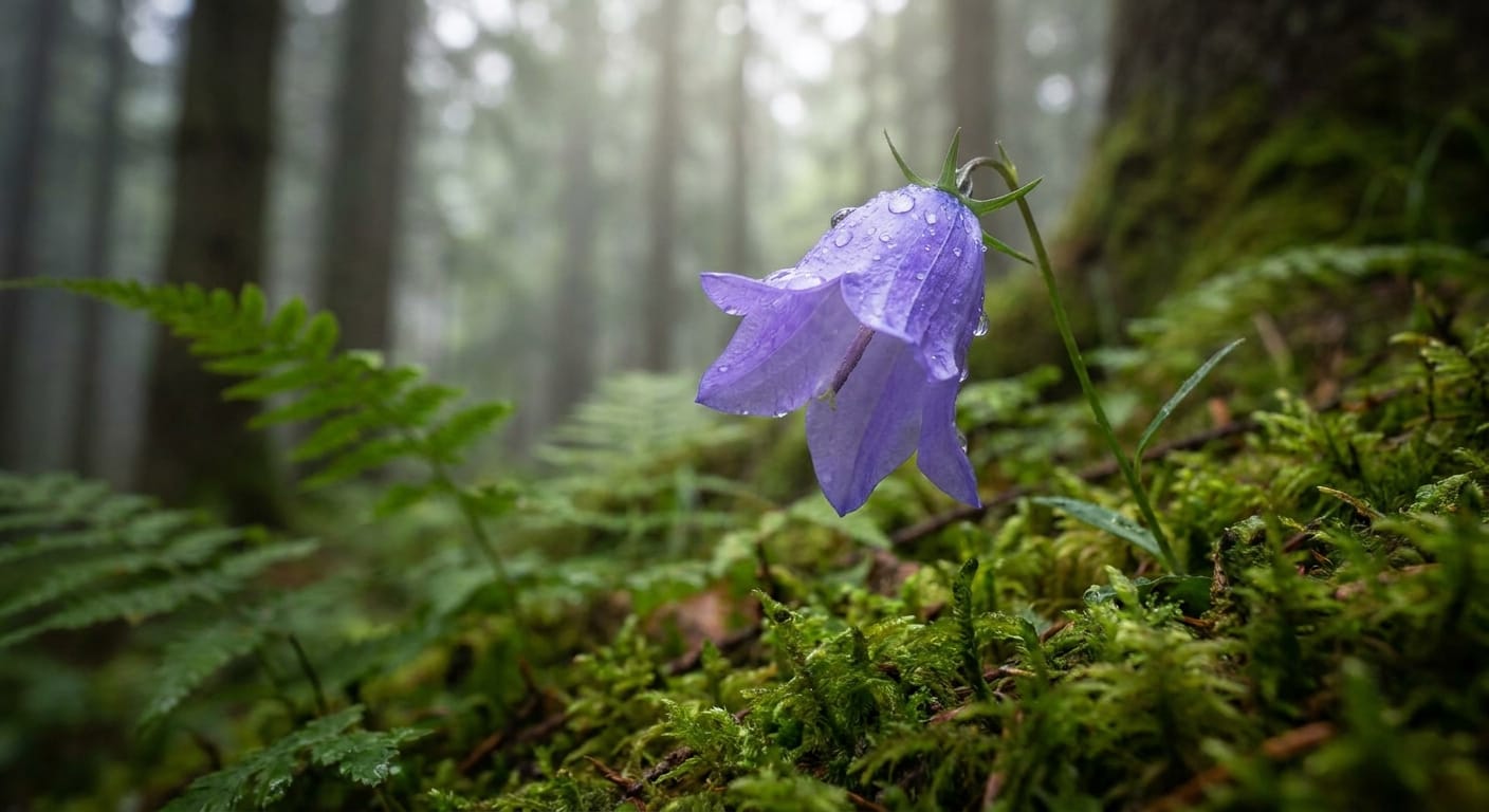 A macro, cinematic shot of a vibrant, delicate flower blooming in a misty, dark forest setting, captured with soft, moody natural light and shallow depth of field