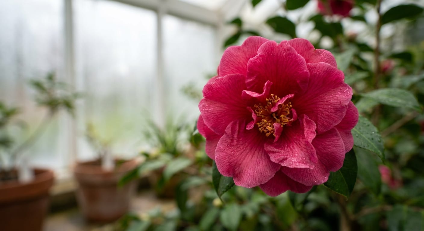 A close-up of the deep, velvety pink Middlemist Red flower, captured with soft, diffused greenhouse light, showing intricate petal textures and vibrant color contrast