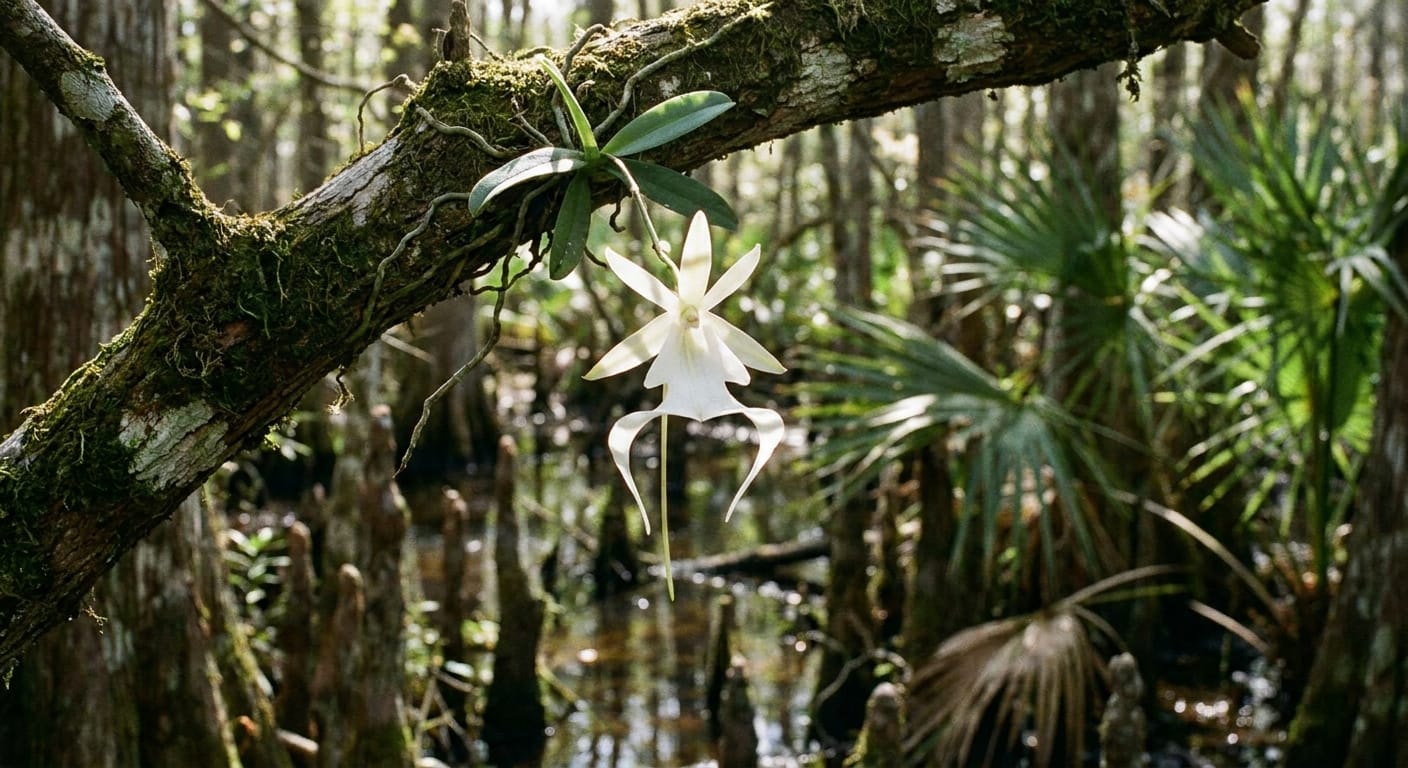 A ethereal, white Ghost Orchid hanging from a gnarled tree branch in a swampy Florida forest, with filtered, dappled sunlight hitting the petals