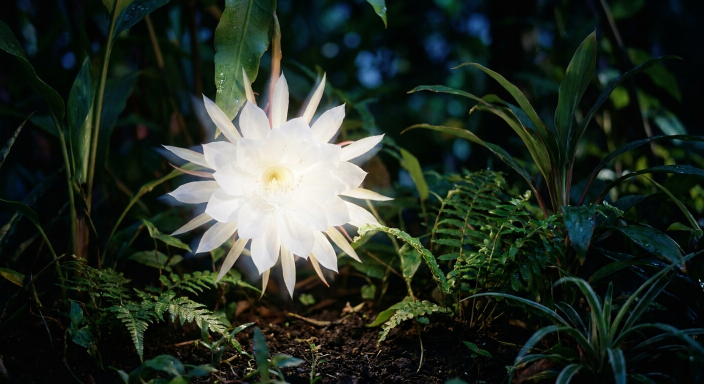 A night-blooming Kadupul flower, glowing white against a dark, nocturnal garden background, captured with long exposure to highlight its star-shaped petals