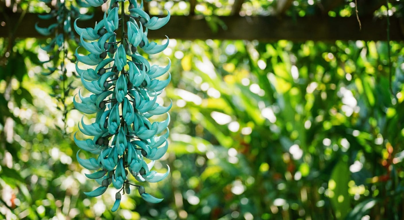 An elegant, hanging cluster of turquoise-colored Jade Vine flowers, shot in a botanical garden with lush green foliage blurred in the background, bright daylight