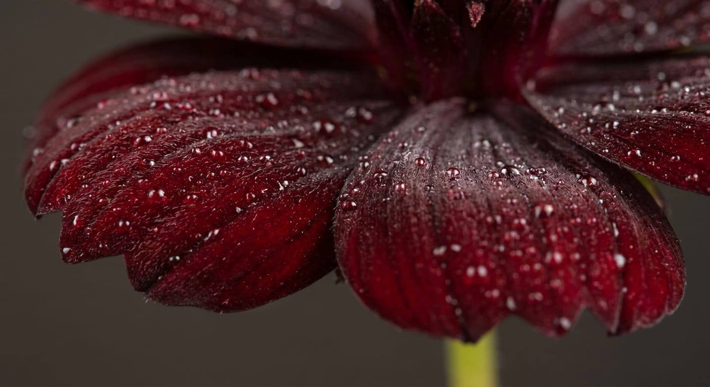 A close-up of dark, deep red Chocolate Cosmos petals with a dusting of morning dew, studio lighting, sharp focus on the velvet texture