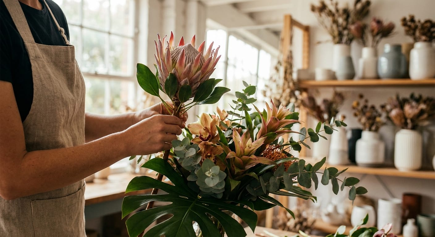 A professional florist arranging a bouquet with exotic, high-end greenery and blooms, cinematic workshop lighting, focus on precision and artistry