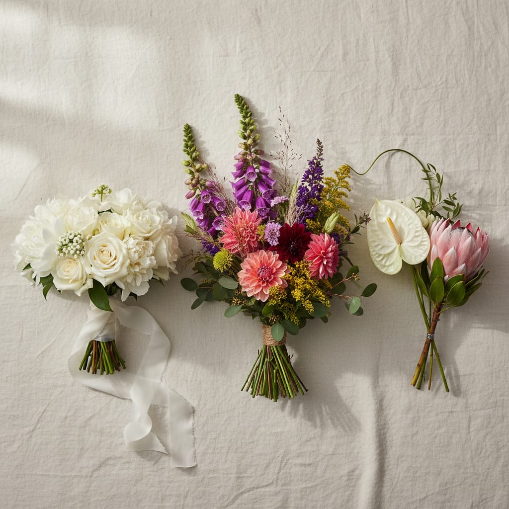 Three different LA wedding bouquet styles side by side representing different aesthetics