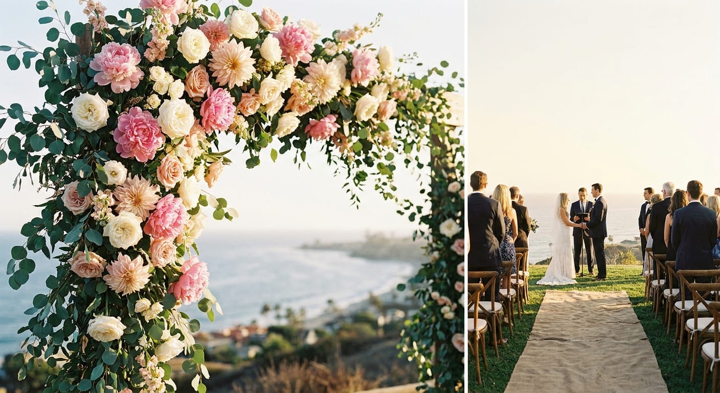 Lush LA wedding ceremony arch overflowing with peonies, garden roses, and California greens at golden hour