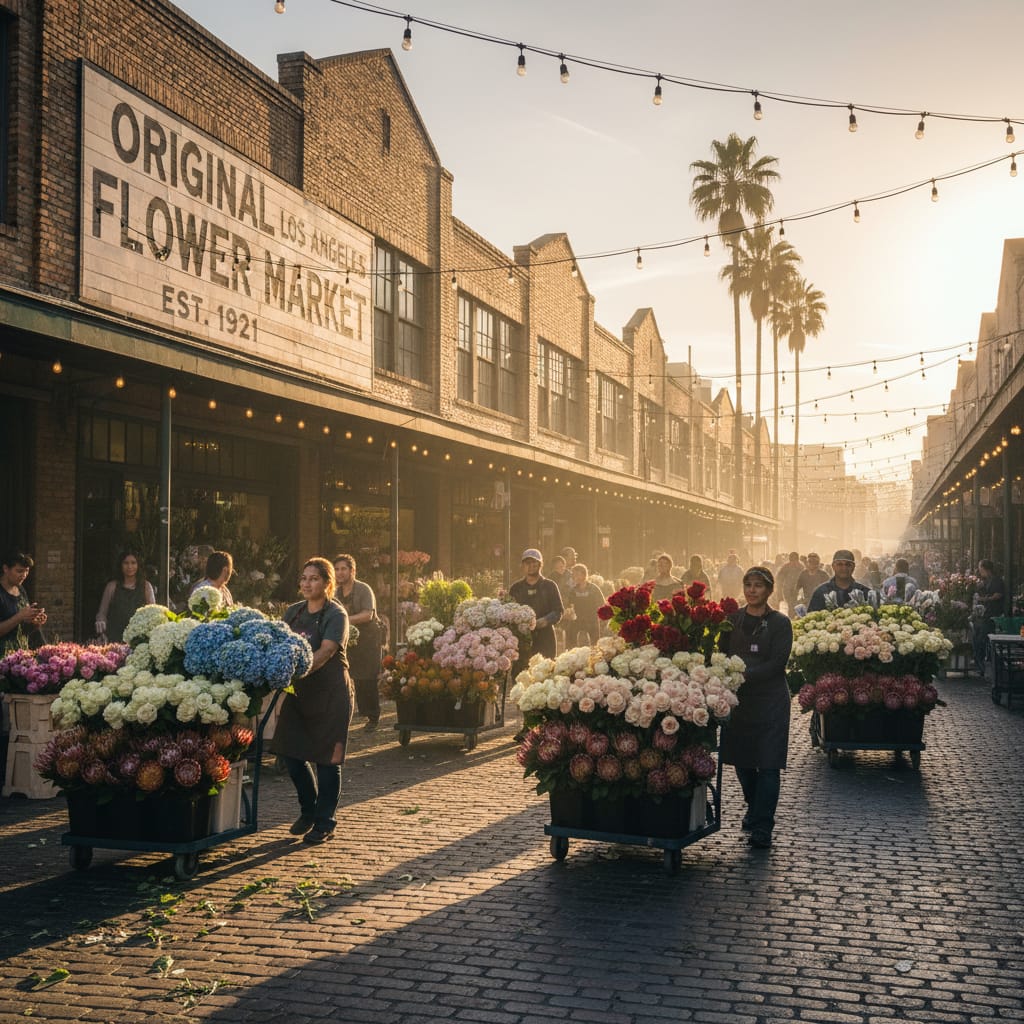 The Original Los Angeles Flower Market in downtown LA at sunrise with wholesale florists shopping