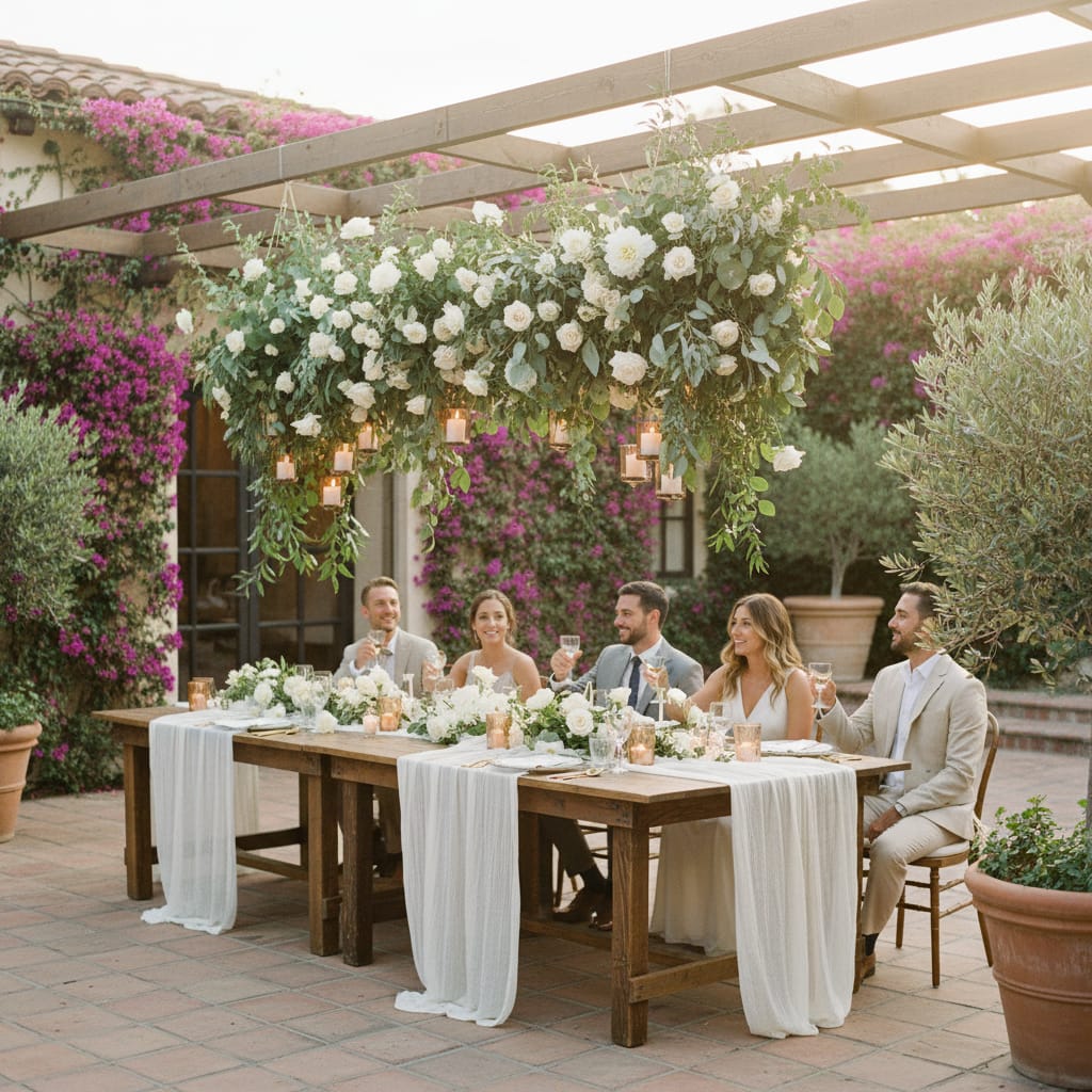 Outdoor LA wedding reception with floral installation hanging over a long farmhouse table